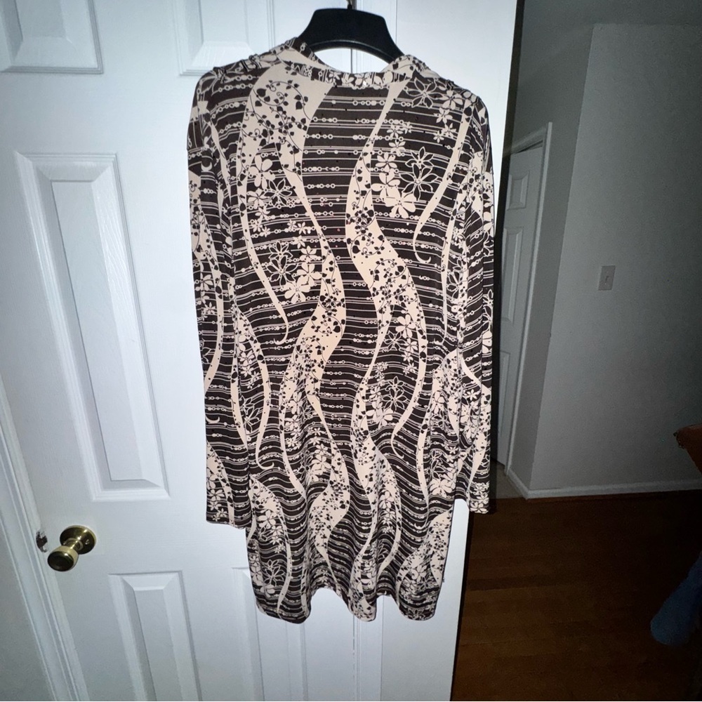 AKA Women's Duster Cardigan Sheer Brown Beige Abstract Floral Print Size 2XL - Picture 2 of 10